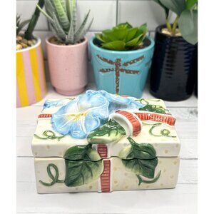 Fitz and Floyd Ceramic Trinket Box With Blue Floral Design & Ribbon Accents